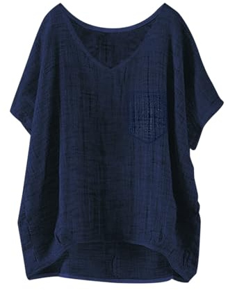 Uwdiohq Tee Shirt Femme, T-Shirt d'Été Grande Taille en Coton Lin à Manches Courtes Rétro Décontracté Respirant Chemise Légère Col en V Mode T-Shirt Élégant Section Basique Couleur Unie