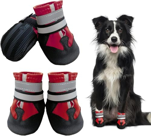 Dricar Bottes Chien, Ensemble de 4 Chaussures pour Chiens Antidérapant, Bottes de Protection pour Chien Imperméable pour Chiens de Taille Moyenne et Grande (Rouge, L)