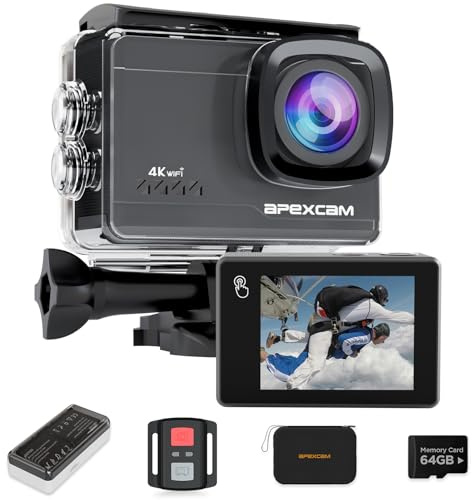 Caméra Sport 4K 60FPS Écran Tactile 64MP avec Stabilisation EIS, Camera Étanche 4K 40M WiFi, 2 Batterie 1350mAh, Carte 64GB Incluse et Étui de Rangement – Action Cam pour Plongée, Vélo, Ski, Voyage