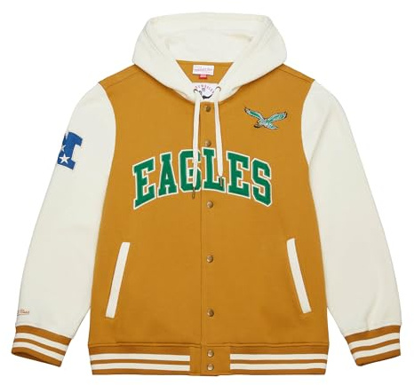 Mitchell & Ness NFL Vintage collegejacka med huva, färgkontrasterande ärmar, tryckknappslås, män, kvinnor, barn, unisex, vår, sommar, höst, vinter, ockrabrun, Philadelphia Eagles, XL