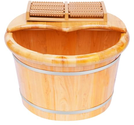 cutooio Solid Cedar Wood Foot Basin with Massager Roller, 9.84In Tall Wooden Foot Bath Bucket for Foot Bath, Massage, Spa, Sauna, Soak