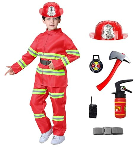 DaPongZhi Deguisement Pompier Enfant,Costume de Pompier pour Enfants, Chef des Pompiers Cosplay Déguisement Jeu de Rôle avec Casque et Extincteur, Carnaval Fête d'enfant pour Garçons Filles 1-16 Ans
