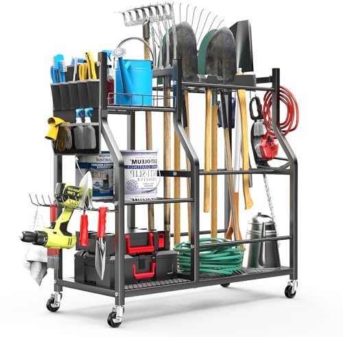 organizelink 36 Large Garden Tool Organizer with Wheels & Side Tool Bag, 3 Tier Rolling Garage Storage Rack for Long Handled Rakes, Shovels, Brooms, Freestanding Yard Tools Cart for Shed & Outdoors