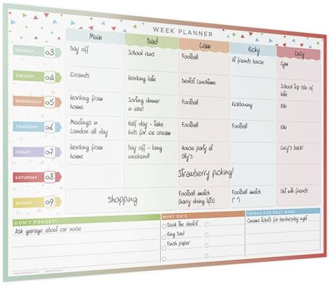 Family Wall Planner - A3 47cm x 32cm, 5 Columned, Self-Adhesive, Reusable, Laminated Planner For Weekly Food & Fitness Planning