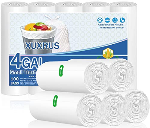 XUXRUS Bin Liners 15 Liter Small White Bin Bags 100 Count Garbage Bags Pedal Trash Bags for Bathroom Office,White Fits 15l 16l 17l 18l 20l Liter Bins Can