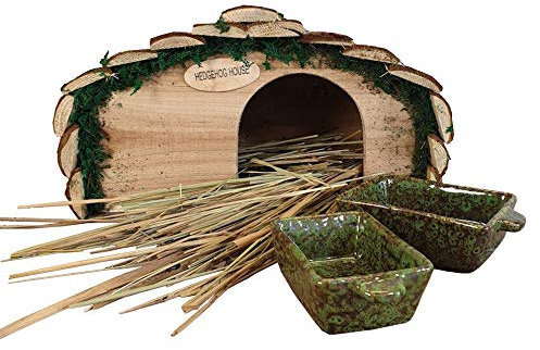 Selections Wooden Hedgehog House With Ceramic Food & Water Dish Pack & Nesting Straw
