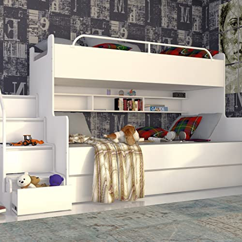 Marlux-Meble Hochbett Kinderbett JSM-3 mit Treppe 80x190 + 120x190 Matt Kinderbetten Funktionsbett Etagenbett Stockbett Kinderhochbett Jugendhochbett (Weiß Matt)