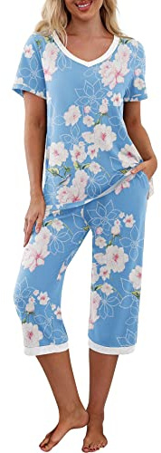 PrinStory Pyjamasset för kvinnor, sovkläder, lounge-kläder, kortärmad t-shirt, capribyxor, med fickor