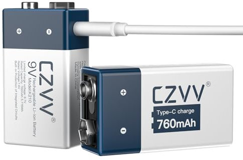 czvv Pilas Recargable 9V Lithium - Capacidad Alta Ultra de 760mAh - 1300 Ciclos - 2 Pack Baterias Litio 8.7V, USB Type-C, Ultra Duradero10 Años para Detector de Humo, Micrófonos, Radio, Guitarra