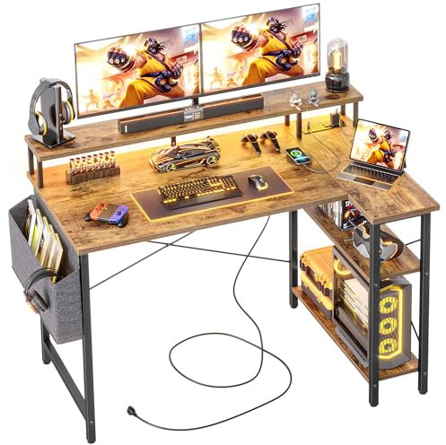 BEXEVUE Eckschreibtisch mit Steckdosenleiste LED – 120x70 cm Ergonomic Kleiner L-förmiger Ablagefächer, Umkehrbarer PC Ecktisch Computertisch, Corner Gaming Tisch, Studium Arbeit Zuhause Schlafzimmer