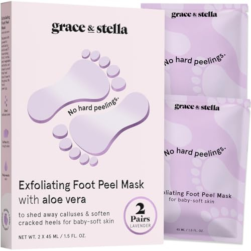 grace & stella Award-Winning Foot Peel Mask - Foot Peeling Mask with Aloe Vera - Moisturizing Foot Mask for Dry Cracked Feet - Foot Exfoliator for Baby Soft Feet (2 Pairs, Lavender)