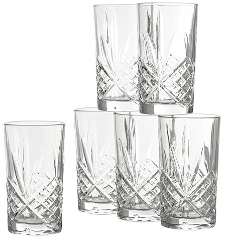 Baroni Home juego de 6 vasos de agua con elegantes tallas, ideal también para tragos largos y cócteles, efecto cristal, capacidad 33cl, apto para lavavajillas, 7,5x7,5x14 cm