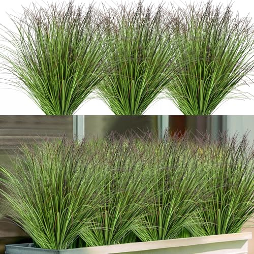 QIUKUN 16 PCS Artificial Plants Fake Bushes Artificial Shrubs Wheat Grass Greenery Artificial Greenery Stems Fake Outdoor Plants for House Plastic Outdoor UV Resistant Faux Grass (16, Green)