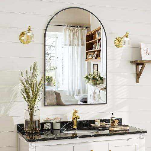 BEAUTYPEAK 61x91 cm Bogen Wandspiegel, Bruchsichere Aluminiumlegierung Rahmen Badspiegel, Kann an die Wand Gelehnt oder Aufgehängt Werden, Standspiegel für Schlafzimmer, Bad und Toiletten Schwarz