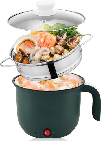 Olla eléctrica Hot Pot Olla portátil con vapor, Mini antiadherente multicocina de 1,8 L, sartén eléctrica, olla de fideos rápida, olla de viaje, mini cocina de ramen, ideal para cocina, dormitorio,