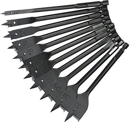 Juego de 11 Brocas Planas con Vástago hexagonal: Broca Dura Profesional para Carpintería, Cabezal de Taladro Plano de Acero con Alto Contenido de Carbono y Taladro de Espada