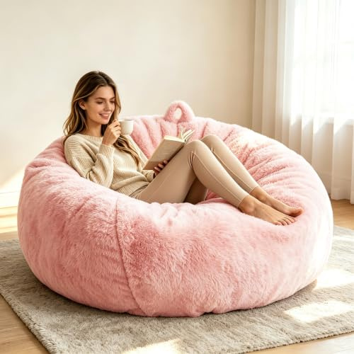 Faux Fur Comfy Bean Bag Chair Cover (No Filler),Stuffed Animal Storage Pink | Bean Bag Covers Large Bean Bag Sofa for Adults, furry fuzzy surface,for living room bedroom holiday gift