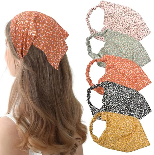 Mtuihfo 5 piezas de pañuelos para mujer, pañuelos con flores, diademas elásticas, pañuelos boho de gasa, lindos pañuelos para la cabeza para mujeres y niñas, accesorio para el cabello