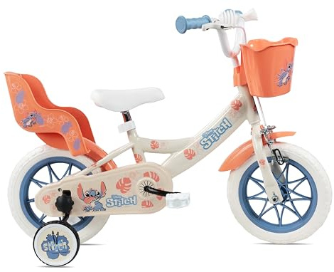 Vélo Enfant 12' Stitch de Disney équipé de 1 Frein, Panier Avant, Porte poupée arrière, Garde boues, Carter et stabilisateurs