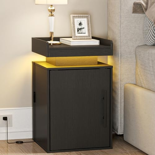 Baoz Black LED Nightstand with Door, Modern Bedside Table for Bedroom