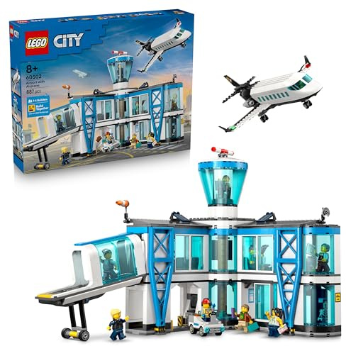 LEGO City Airport with Airplane Toy - Miniature Model Kit w/Terminal, Plane, Tug Car, Bridge, 9 Minifigures & Accessories - Birthday Gift Idea for 8+ Year Old Boys - 60502