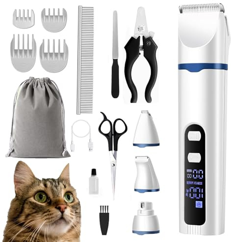 BreeyPaws 4 in 1 Cat Clippers Paw Trimmer Grooming Kit,Child Lock Cats Shaver for matted Fur Claw Silent,Pet Shaver Trimmer for Cats Dogs Paws with Battery Display