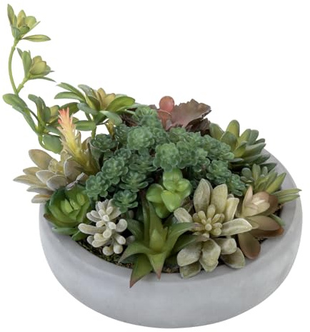 MyGift Assorted Indoor Fake Plants Artificial Succulent Arrangement in Round Gray Cement Planter Pot
