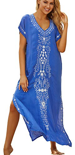 YouKD Summer Embroidered Floral Loose Caftan Boho Beach Bikini Cover Up Dress Plus Size Robe for Women B Blue