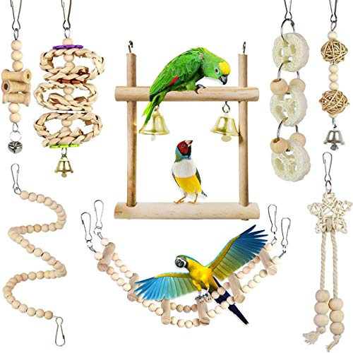 Chikanb Loro Gris de Gabón - Juego de 8 colores para masticar, molares de cadena, natural de madera columpio para periquitos, calopsitas y pájaros