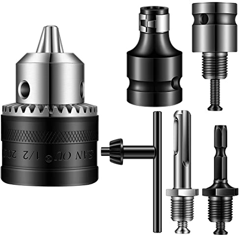 Lothee 6 Pcs 1/2-20unf Mount 1.5-13 mm Capacity Drill Chuck Set with Converter Impact Driver Bits Chuck Drill Wrench 1/4 Inch Hex Shank 1/2 Inch Shank and Socket Square Female Adapter