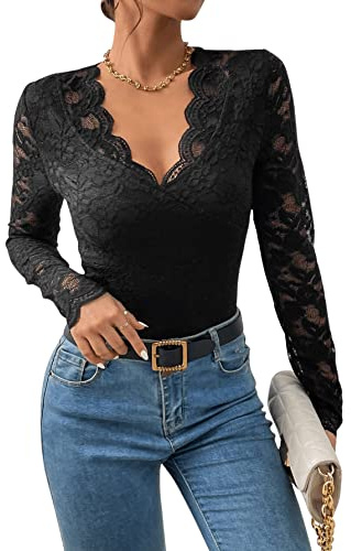GORGLITTER Dambodysuit, spets, body, kostym, långärmad, dirndlblusar, spetsbody med V-ringning, svart, S