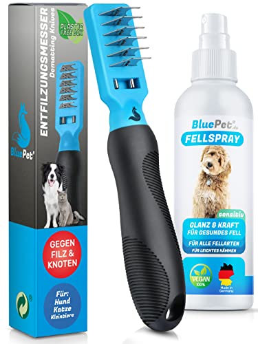 BluePet Entfilzungsspray + Entfilzungskamm für Hunde & Katzen I Entfernt Verfilzungen & Knoten I Entfilzungsharke Katze, Knoten Entferner Katze, Entfilzungskamm Hund