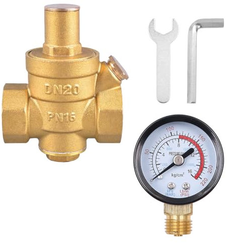 ANCLLO Réducteur de Pression d'eau DN20 Régulateur de Pression en Laiton 3/4 Eau avec manomètre Réducteur de Pression d'eau réglable Soupape de décharge