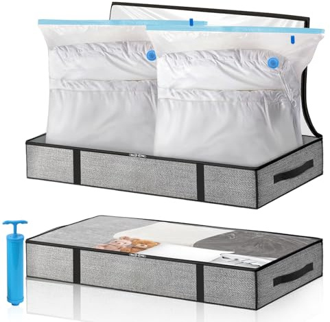 Organizador Armario, 2 Bolsas al Vacío Ropa + 2 Cajas Almacenaje Ropa +1 Bomba de Mano, Gran Capacidad Bolsas de Almacenamiento para Guardar Edredón Almohada