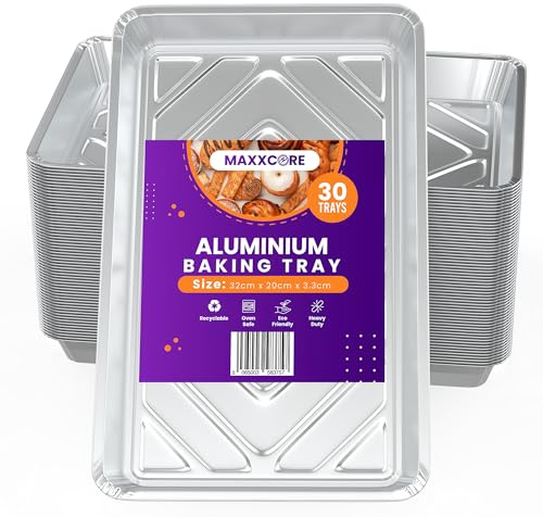 Maxxcore Disposable Aluminum Foil Baking Trays - Food Storage Catering Aluminum Foil Tray 30-Pack - Containers for Meal Prep, Cooking, Baking, Roasting, Freezer Storage - 32cm x 20cm x 3.3cm