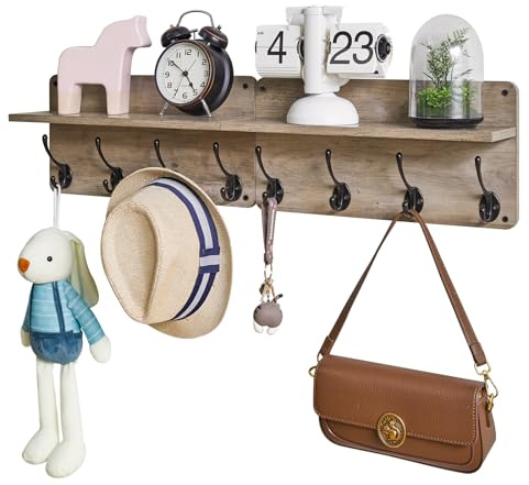 YMYNY Coat Rack Shelf Wall Mounted, Wooden Coat Hooks Set of 2, Entryway Coat Hanger with 8 Hooks,80cm L Floating Shelves, Key Holder, for Bedroom, Bathroom, Living Room, Silver Gray HWS006Y-2