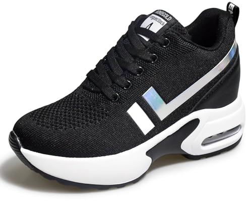 tqgold® - Scarpe da ginnastica da donna con zeppa, con tacco a cuneo da 8 cm, scarpe sportive con plateau, bianco, nero, grigio, 34-42, 42 EU