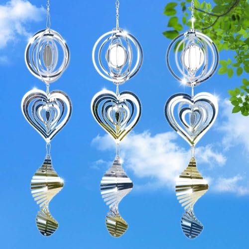 Metal Bird Scare Discs Set, Wind Spinner 3D Hanging Wind Sculptures, Bird Scare Devices Outside Outdoor Garden Decor, Mirrored Wind Chime to Scare Birds Away from Yard Patio Farm (1Set 3Pcs)