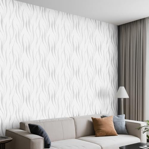 Beswitory White Wallpaper Modern Minimalist 3D Silver Glitter Wallpaper for Living Room Bedroom TV Backdrop Kitchen, Feature Short Wave Stripe Geometric Pattern