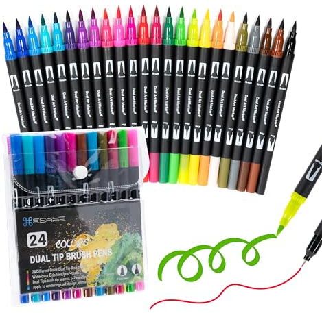 Generico - 24 Pennarelli Doppia Punta, Pennarelli Doppia Punta Professionali Con Punta Fine + Punta Brush, Idea Regalo, Ideale Anche Per Bambini