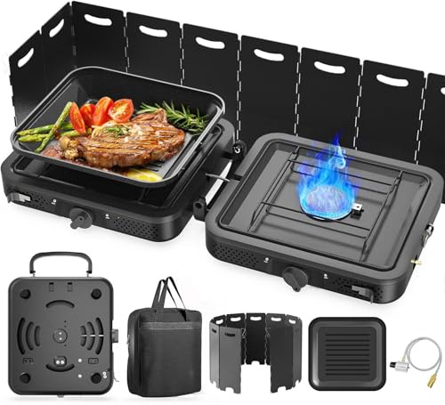 2 Burner Portable Camping Stove Propane, Folding Propane Stove for Camping, Camp Stove with 17,000 BTU,Two Adjustable Burners Gas Camping Stove with Carrying Bag for Outdoor Cooking,BBQ