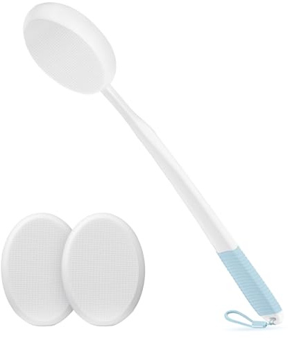 Applicateur de Lotion pour le Dos 48 cm, Manche Long Blanc avec Poignée Antidérapante Bleue et 3 Tampons Lavables, Idéal pour Crème Solaire, Autobronzant et Hydratants, Convient à Tous les Âges