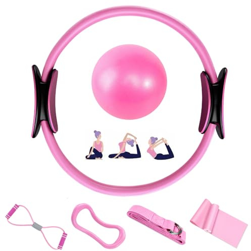 Aischens Pilates Ring Set - 6 Pièces, Anneau de Pilates, Ballon de Yoga, Bandes de Résistance, Kit Pilates pour Maison, Kits de Yoga et Pilates Accessoires, Cercle Magique de Fitness Femmes (Rose)
