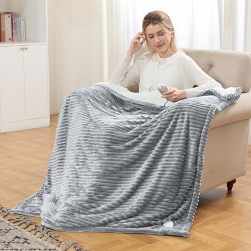 Couverture Chauffante 180 x 135 cm avec Arrêt Automatique et Protection Surchauffe,6 Niveaux,Minuterie 1-10h,Douce Flanelle Respectueux de La Peau,Resistant a La Decoloration,Lavable en Machine-Gris