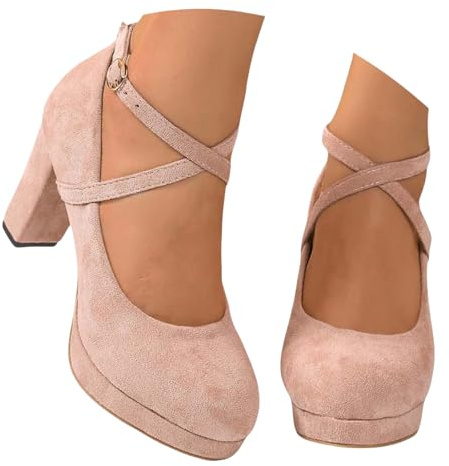 Bombas Para Mujeres, Zapatos De Tacón De Correa De Tobillo Cruzado Con Correas Elegantes Zapatos Baile Zapatos Bajos Del Dedo Del Pie Cerrado Bailarina De Tacones Altos Para Bodas,Rosado,36 EU