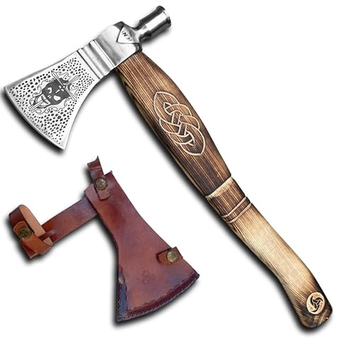 Novahaven Mjölnir - Ascia forgiata a mano per esterni, 46 cm, con polo martello, regalo e decorazione in acciaio al carbonio, manico in legno di frassino intagliato, fodero in pelle, per campeggio