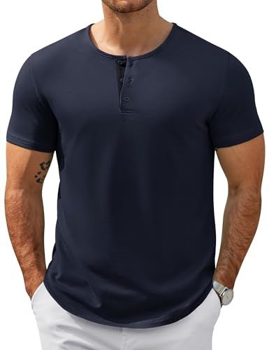 COOFANDY Maglietta Henley a Maniche Corte da Uomo Henley Shirt in Cotone Estiva Casual T-Shirt Maglietta con Bottoni Blu Navy XL