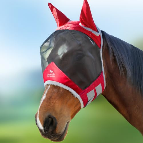 Harrison Howard CareMaster Pro Luminous Horse Fly Mask Large Eye Space Standard with Ears UV Protection for Horse Red M Cob