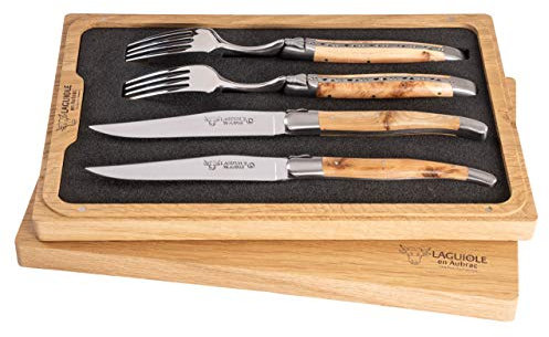 Laguiole en Aubrac 2er-Besteck Set Steakmesser und Gabel, geschmiedet aus Edelstahl, Griff aus Wacholder mit Echtheits-Zertifikat