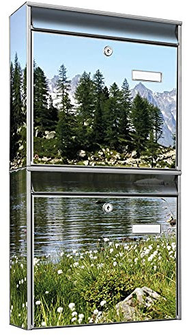 banjado Briefkastenanlage 2 Fach - 2 Briefkästen 36x64x10cm groß - Doppelbriefkasten Set - Namensschild, 2 Schlüssel, Montagematerial - Stahl verzinkt Silber - Motiv Bergidylle
